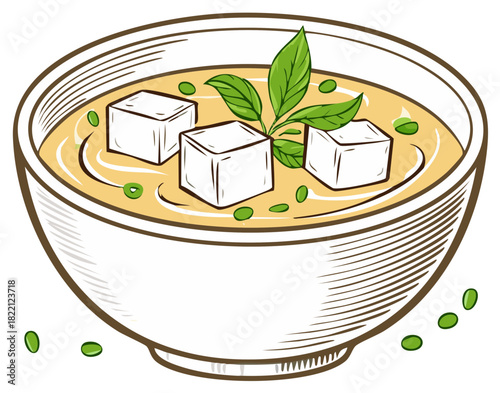 Cartoon style bowl of soup with tofu cubes and green herbs for a healthy nutritious meal