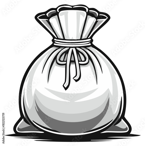 Stylized monochrome illustration of a full money bag securely tied, symbolizing wealth, savings, and financial success.