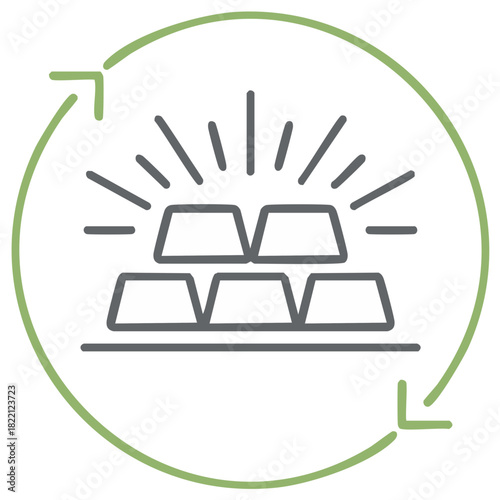 Gold bars with rotating arrows in circular frame icon, investment and money wealth concept in a line art design.