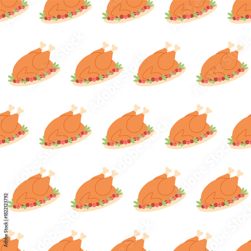 Seamless pattern with roasted turkey on a platter. Festive Thanksgiving food illustration in warm autumn colors. For background, banner, wrapping, textiles, packaging, holiday design. Flat vector.