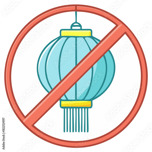 Prohibition sign with a traditional Asian paper lantern icon illustrating a cancelled festival or cultural ban
