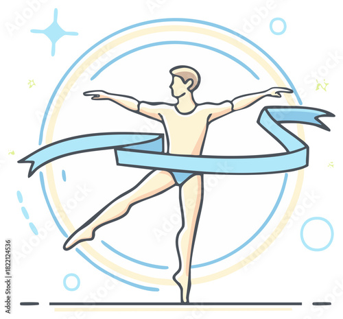 Elegant male rhythmic gymnast performing a dance with a swirling blue ribbon icon