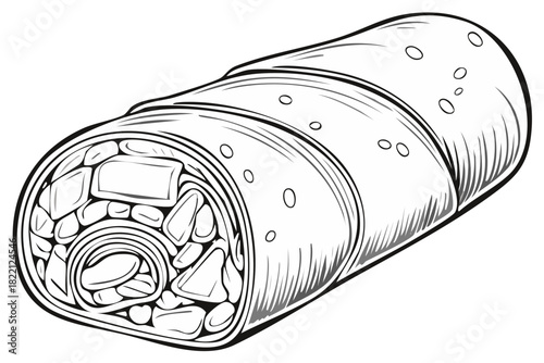 Black and white line drawing of a rolled burrito showing its filling with fresh ingredients