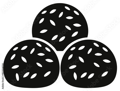 Trio of Black Seeded Buns or Cakes Stacked Flat Illustration