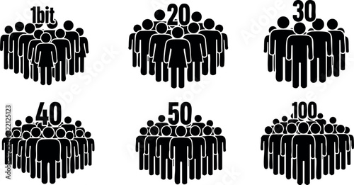 Crowd icons with different group sizes one twenty thirty forty fifty and one hundred people vector illustration