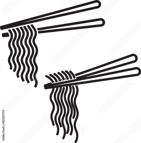 Two pairs of chopsticks holding wavy noodles silhouette