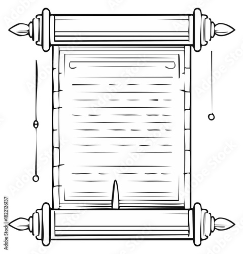 Classic Unfurled Scroll Document Outline Drawing with Blank Parchment Paper Space