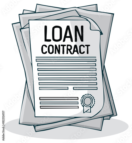 Loan contract documents with seal illustration in cartoon style for financial agreement concepts