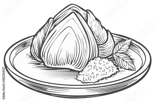 Traditional steamed wrapped food dish with fresh herbs and grains on a plate vintage illustration