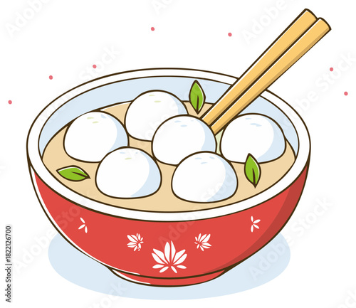 Cartoon illustration of a bowl of soup with dumplings, green leaves, and chopsticks.
