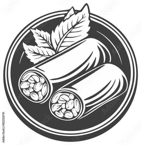 Stylized Illustration of Two Spring Rolls with Mint Leaves on a Round Plate