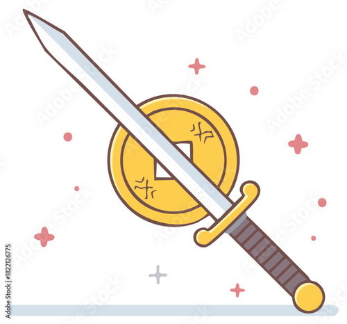 Chinese Ancient Sword and Coin Illustration, Symbolic Feng Shui, Cartoon Weapon Decoration with Money