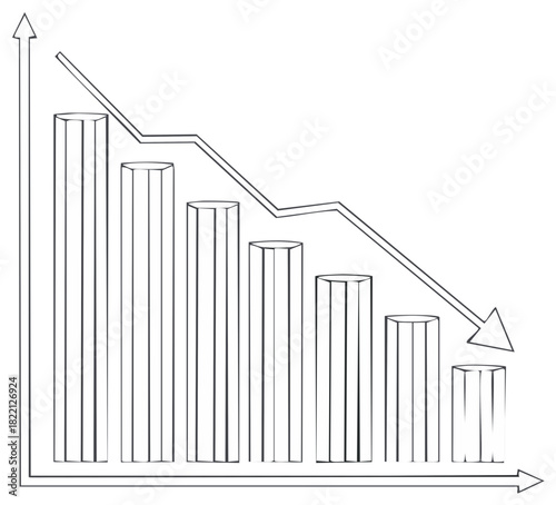 Declining Financial Bar Chart and Arrow, Illustrative Business Trend, Graph Representation