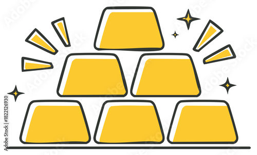 Cartoon style sparkling gold bars stacked in a pyramid shape prosperity and finance