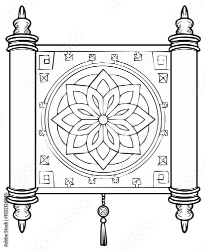 Detailed black and white illustration of a scroll with floral design