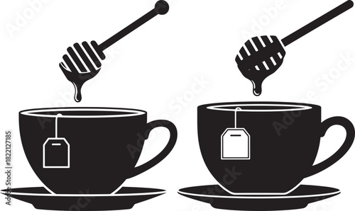 Two black tea cups with honey dippers and tea bags silhouette