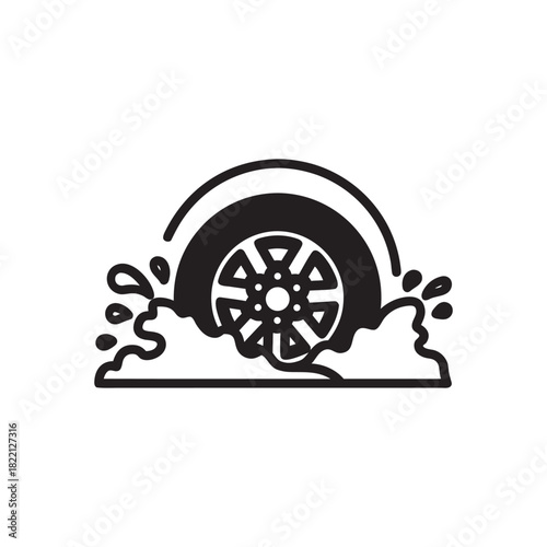 Winter bad weather car wheel in slush black and white vector icon