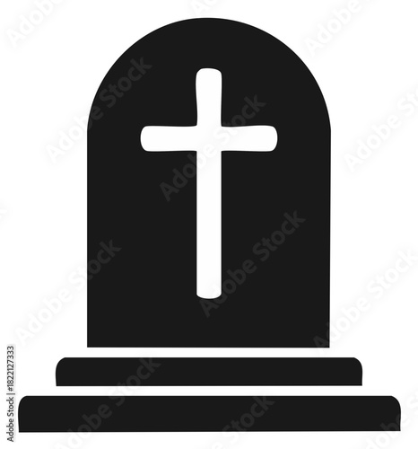 Simple tombstone marker silhouette featuring a cross symbol, evoking memories and reflection in a minimalist monochrome style.