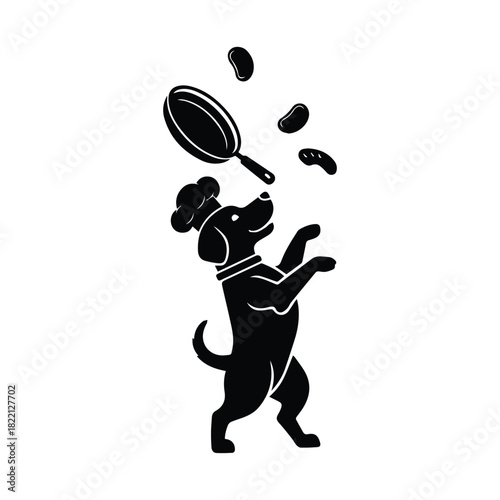 Chef dog tossing ingredients in a frying pan; cute pet food cooking icon Vector, illustration