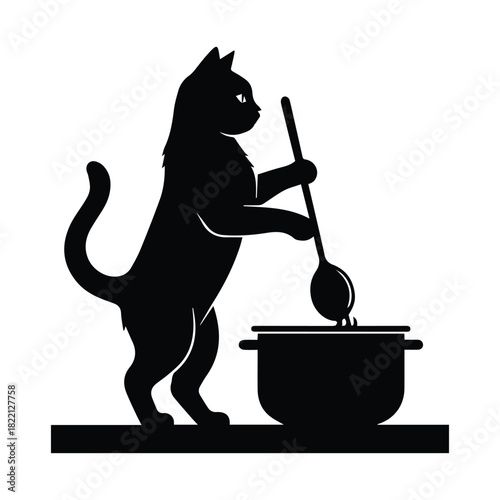 Anthropomorphic cat cooks meal, stirring pot with spoon, simple graphic Vector, illustration