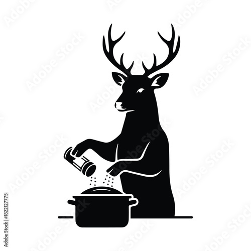 Deer chef seasoning a pot, wild animal cooking culinary art illustration Vector, illustration