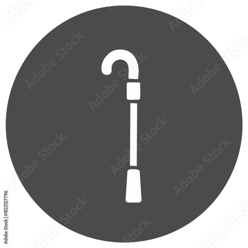 Simple white cane walking stick icon on dark grey circle background