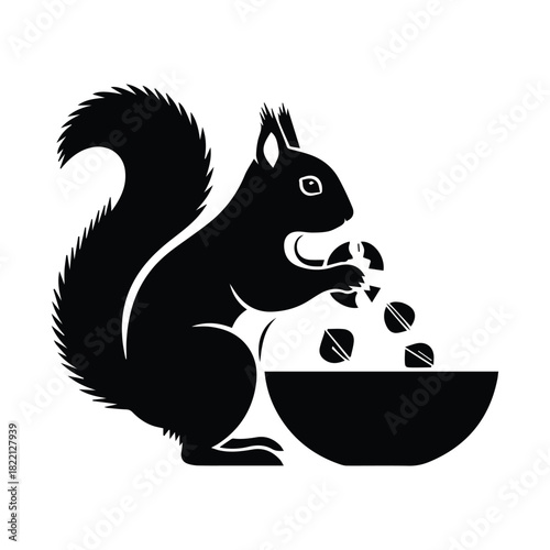 Squirrel eating nuts icon with bowl. simple flat black vector silhouette illustration. Vector, illustration