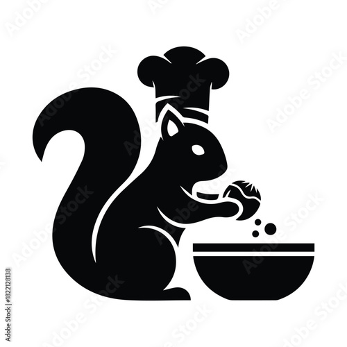 Squirrel chef preparing nuts in a bowl, cooking, baking, food preparation icon Vector, illustration