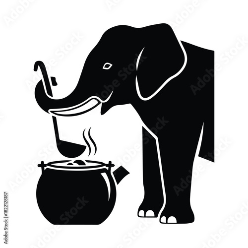 Stylized elephant preparing a meal, holding ladle over a steaming pot icon. Vector, illustration