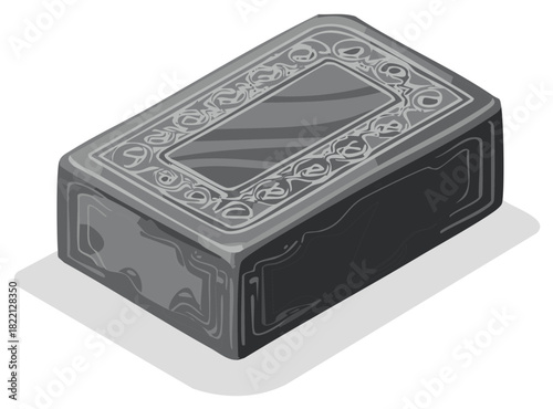 Ornate ancient stone casket with intricate carvings, isometric vector illustration