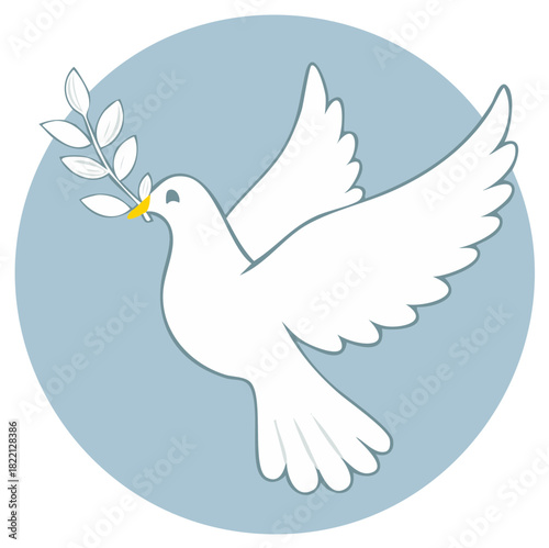 Illustration of a flying dove carrying olive branch in its beak on blue background, representing peace, hope, love, and unity