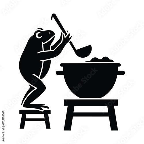 Frog chef stirring a pot with ladle, cartoon animal cooking food icon graphic Vector, illustration