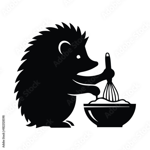Hedgehog chef mascot mixing ingredients in a bowl with a whisk, isolated Vector, illustration