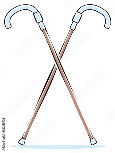 Two Crossed Walking Canes with Curved Handles and Wooden Shafts Illustration