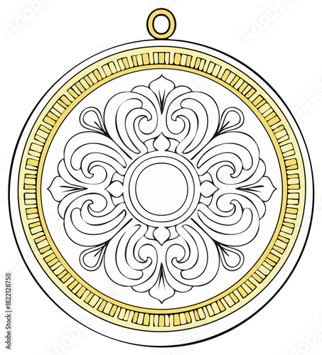 Elegant Ornate Medallion with Golden Border and Intricate Floral Pattern