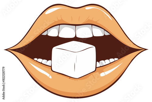 Illustration of open glossy lips holding a white sugar cube representing sweetness