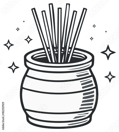 Vector Illustration Pot of Sticks with Stars Line Art Design element