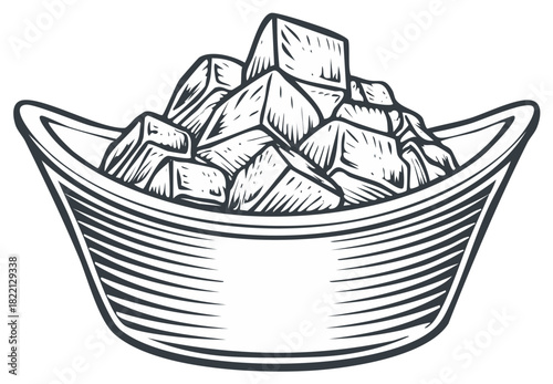 Wooden bowl overflowing with cut sugar cubes in sketch art style.