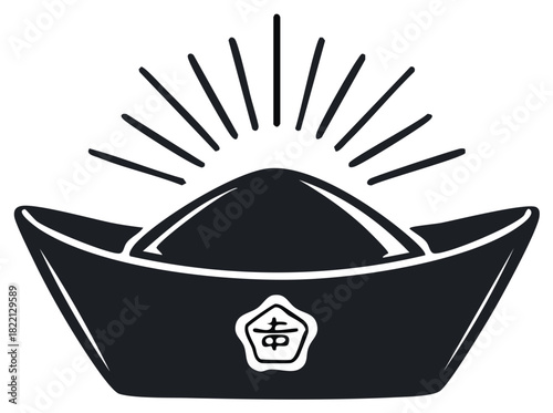 Stylized Chinese gold ingot with radiating sunrays and a symbol of prosperity
