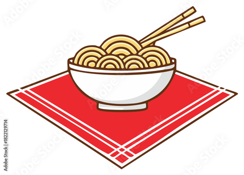 Cartoon bowl of ramen noodles with chopsticks on red napkin