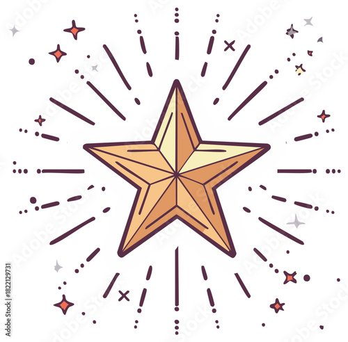 Hand drawn golden star illustration with radiating light rays and sparkles