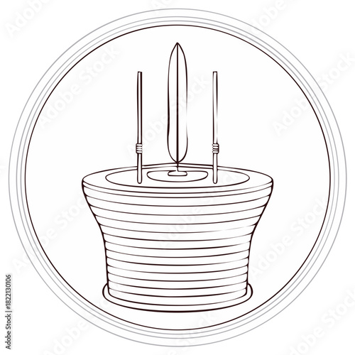 Traditional roach headdress of a Native American warrior outline in a circular emblem