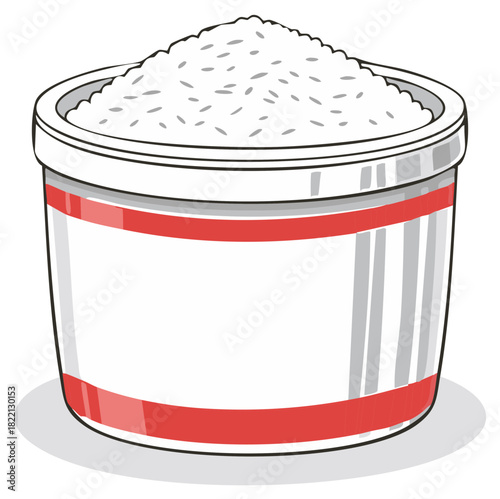 Illustrated container of rice, red stripe, white label, food concept