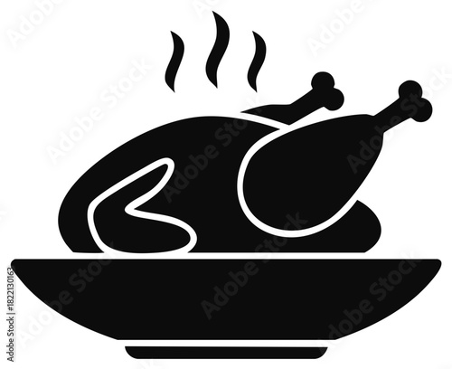 Roasted chicken on a plate with steam, isolated, silhouette illustration.