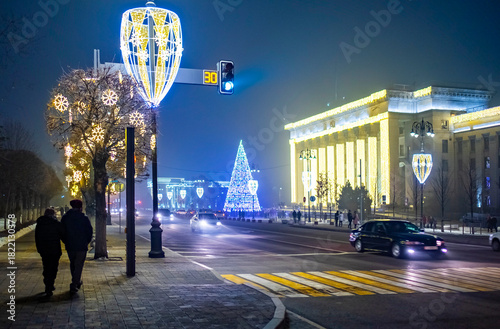 Old square decorated for New Year celebration in Almaty, Kazakhstan.