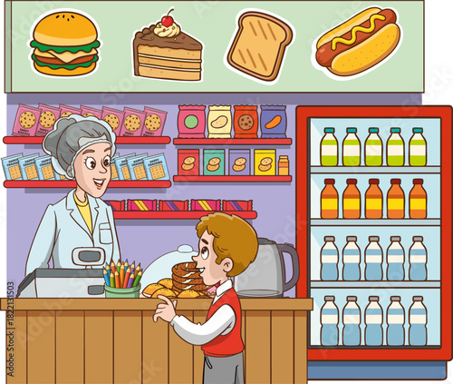 Vector illustration of students shopping in the school cafeteria.