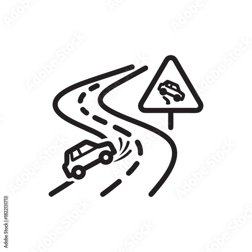 Slippery winter road car skidding warning sign black and white vector icon for icy weather driving safety