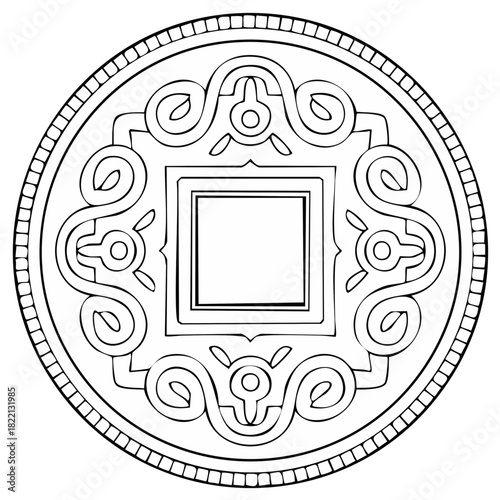 Ornate Ancient Asian Coin with Square Hole and Intricate Swirls Line Art Illustration