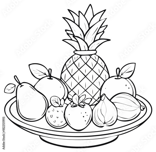 Still life of assorted fruits on a platter, black and white line art illustration for coloring
