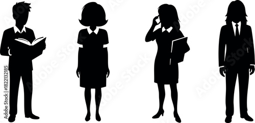 Silhouettes of business people reading talking and standing in formal clothes vector illustration